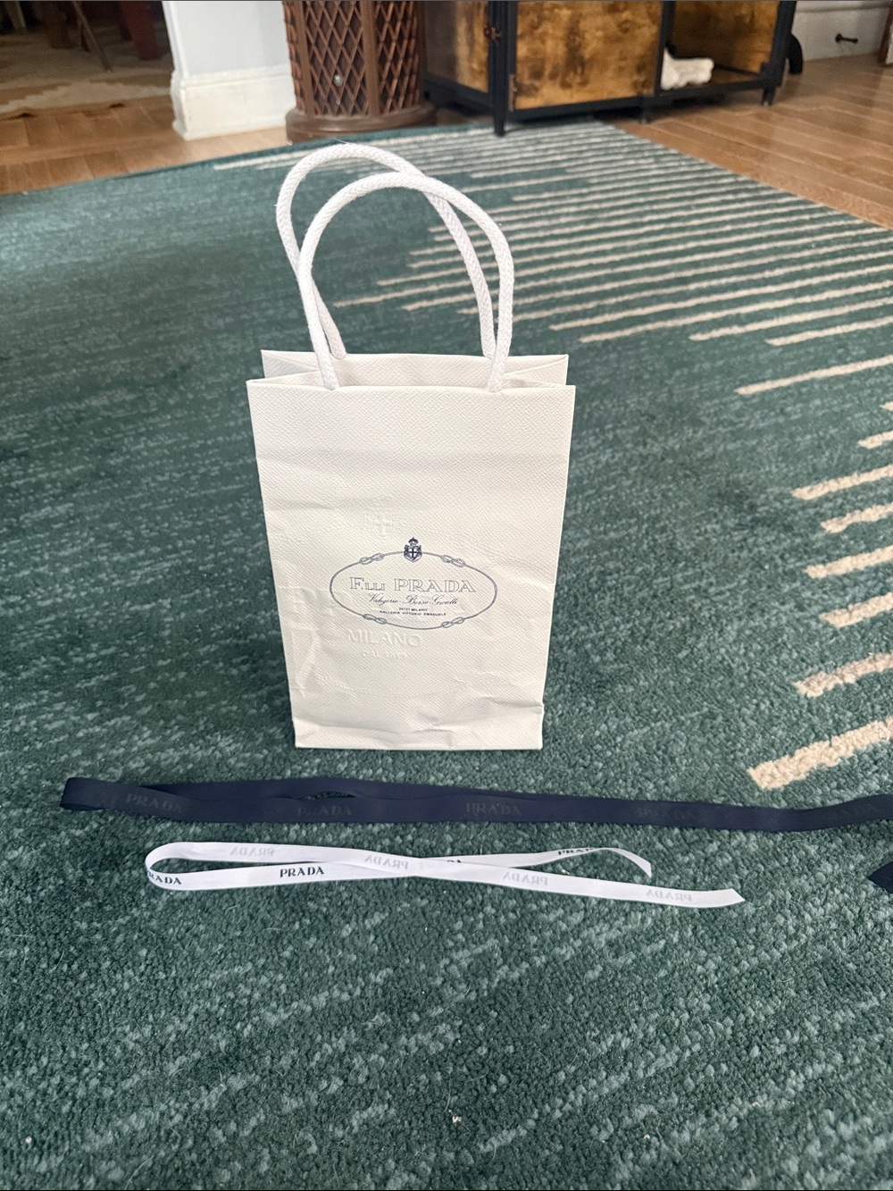 Prada White Paper Gift Bag with Navy & White Ribbons